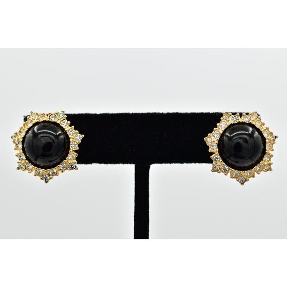 Christian Dior Vintage Black Cabochon Earrings Crystal Gold NOS Signed 80s BinQ - Picture 1 of 12